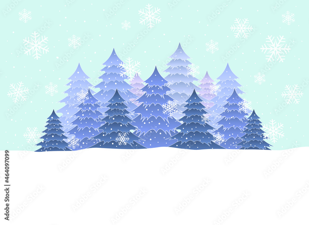 Christmas Tree with snowflakes on blue background.Merry Christmas greeting card.