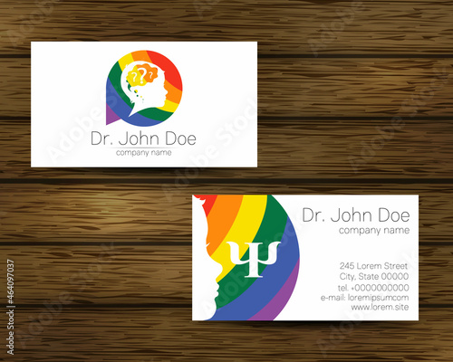 Psychology Rainbow Vector Business Visit Card with Letter Psi Psy and Human Head in Profile on Tree Background. Logo Child Silhouette Design concept for Branding Identity