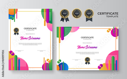 Appreciation and achievement certificate template design in two options. Set certificate template with dynamic and futuristic polygonal color and modern background with gold badge and border