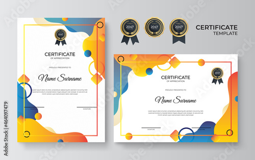 Appreciation and achievement certificate template design in two options. Set certificate template with dynamic and futuristic polygonal color and modern background with gold badge and border