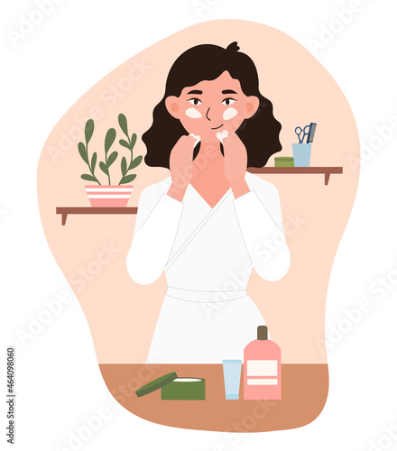 Woman applying cosmetic. Personal care, skin health care. Graphic elements for websites selling cosmetics, dermatology banner, mask. Cartoon flat vector illustration isolated on white background