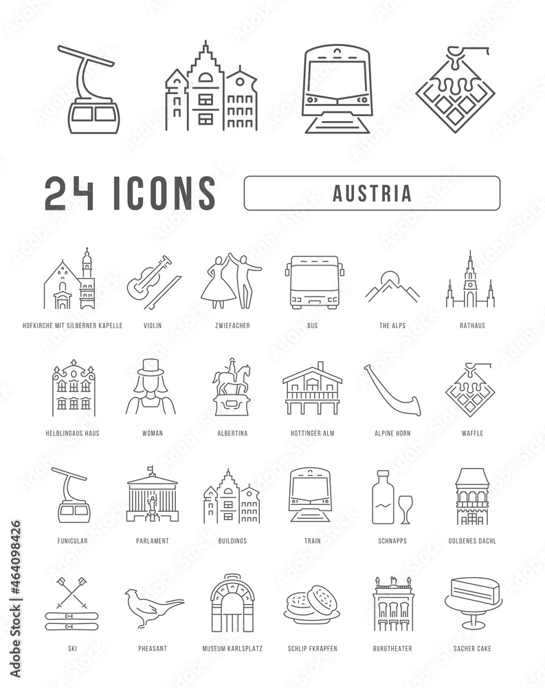 Set of linear icons of Austria Set of linear icons of Austria