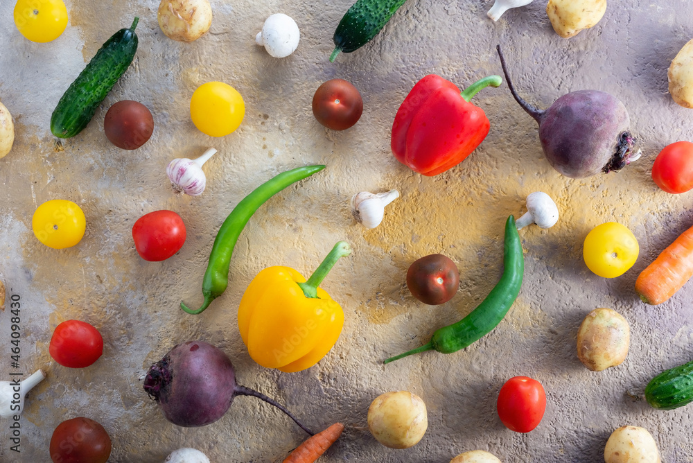 flatlay from a variety of fresh vegetables on the table. Healthy food concept flatlay from a variety of fresh vegetables on the table. Healthy food concept