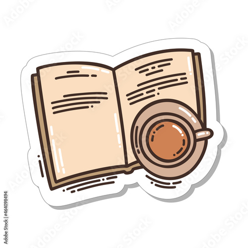 Colorful hand-drawn hygge sticker with diary or book and teacup in doodle style isolated on white background. Cute vector for seasonal decoration.