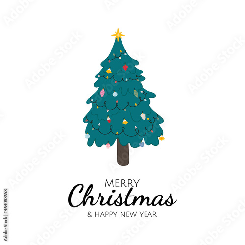 Christmas greeting cards with flat doodle christmas tree and balls. Vector holiday clipart and quote Mery Christmas and Happy New Year for pint, poster, cards, banner