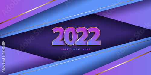 Happy new year 2022. Festive background with 3D numbers. Holiday banner in paper cut style. Gradient backdrop. Layered poster with abstract shapes. Vector illustration. Luxury design card, wallpaper.