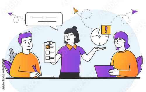 Concept of business meeting. Girl gives task to beginners, internship. Employees trying to get job in large company, test, exam. Cartoon flat vector illustration isolated on white background
