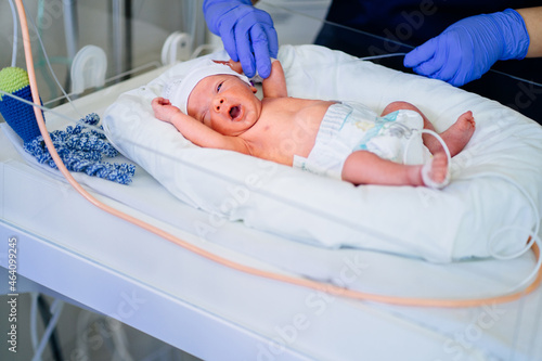 Unrecognizable nurse in blue gloves takes action and care for premature baby, selective focus on baby eye Newborn is placed in the incubator. Neonatal intensive care unit photo