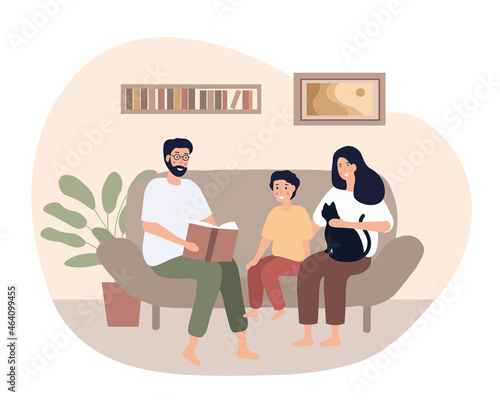 Happy family time. Mother and father spend evening with their son. Parents and kid spent leisure time at home, entertainment, reading. Cartoon flat vector illustration isolated on white background