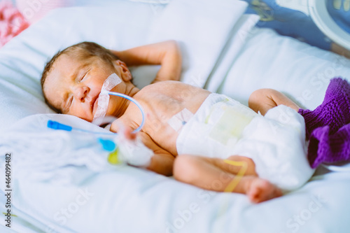 Portrait of a newborn baby sleeping inside an incubator