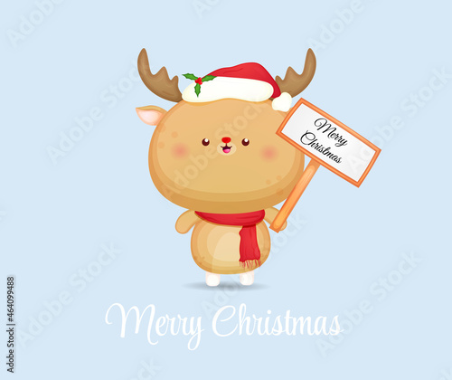 Cute christmas reindeer holding sign for merry christmas illustration Premium Vector