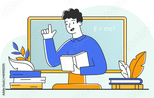 Online education concept. Boy stands in classroom with textbooks in his hands. Books from library, styding. Teacher on monitor screen. Cartoon flat vector illustration isolated on white background photo