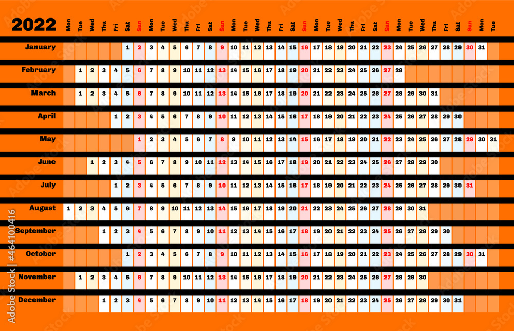 Black linear calendar 2022 with days and months color coding. Black linear calendar 2022 with days and months color coding.