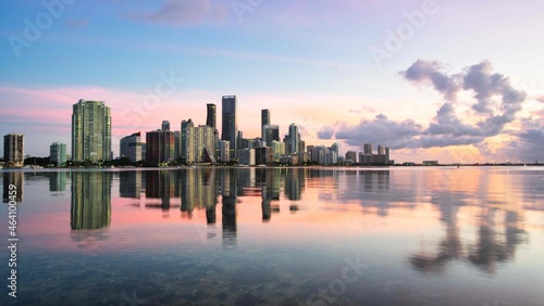 sunrise Miami Florida city reflections skyscrapers sky clouds urban view landscape 