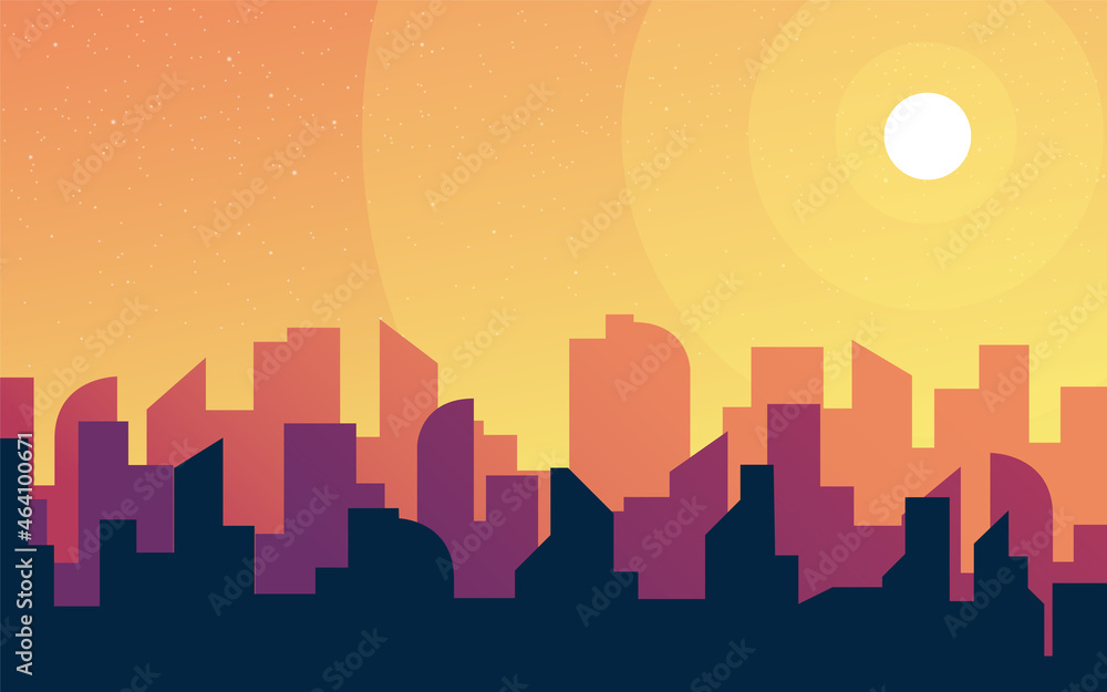 Morning, day city skyline landscape, town buildings in a different time, and urban cityscape town sky. Daytime cityscape. Architecture silhouette downtown background. Flat design for flyers, cards