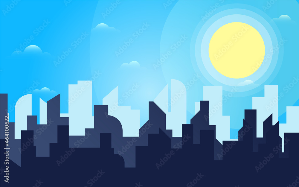 Morning, day city skyline landscape, town buildings in different time and urban cityscape town sky. Daytime cityscape. Architecture silhouette downtown background. Flat design for flyers, cards