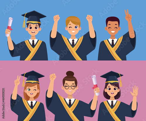 six graduates celebrating characters