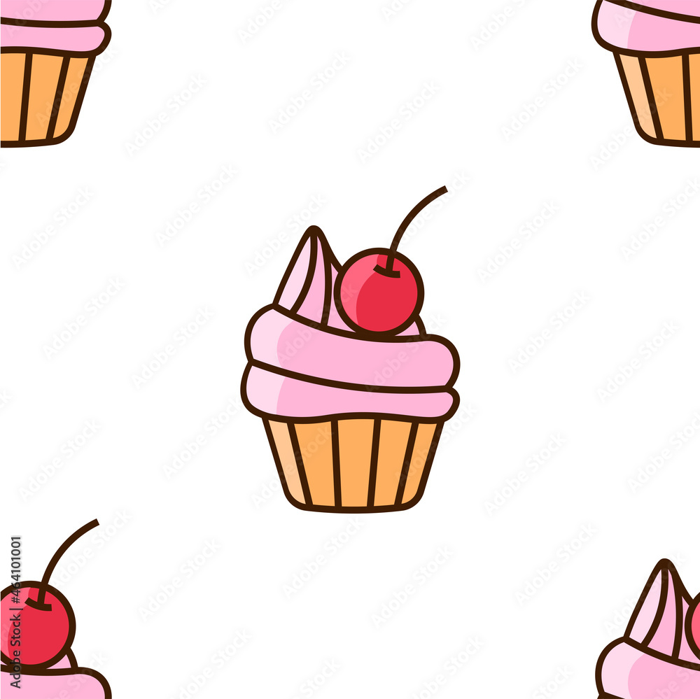 Cupcake with cream and cherry. Seamless pattern for wallpaper, wrapping, packing, and backdrop.