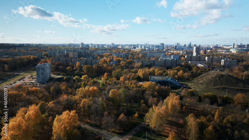 Flight over the autumn park. On the horizon there is a city houses. Trees with yellow autumn leaves are visible. Aerial photography.