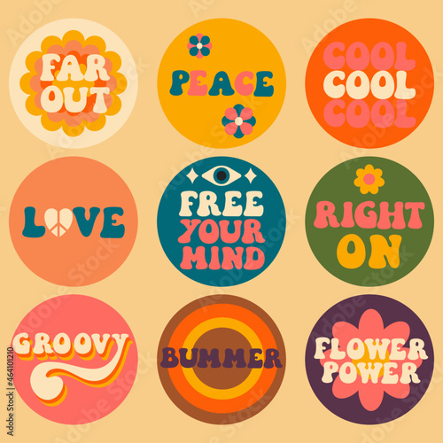 Set of retro sixties and seventies colorful lettering pictures