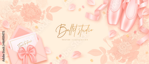 Ballet studio banner with realistic ballet pointe shoes fashion pair and envelope on a beige floral background. Vector illustration of traditional footwear ballerina