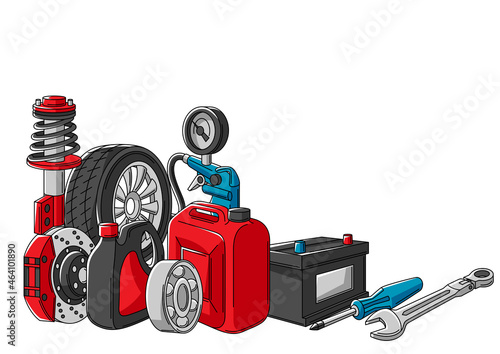 Car service illustration. Auto center repair concept for advertising with transport items.