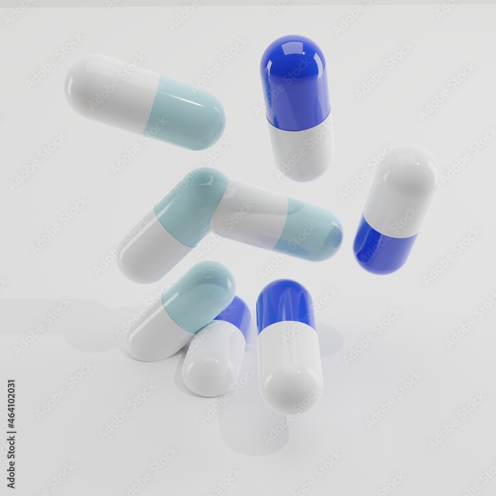 white and blue medicines pills isolate flying on white background 3d render white and blue medicines pills isolate flying on white background 3d render