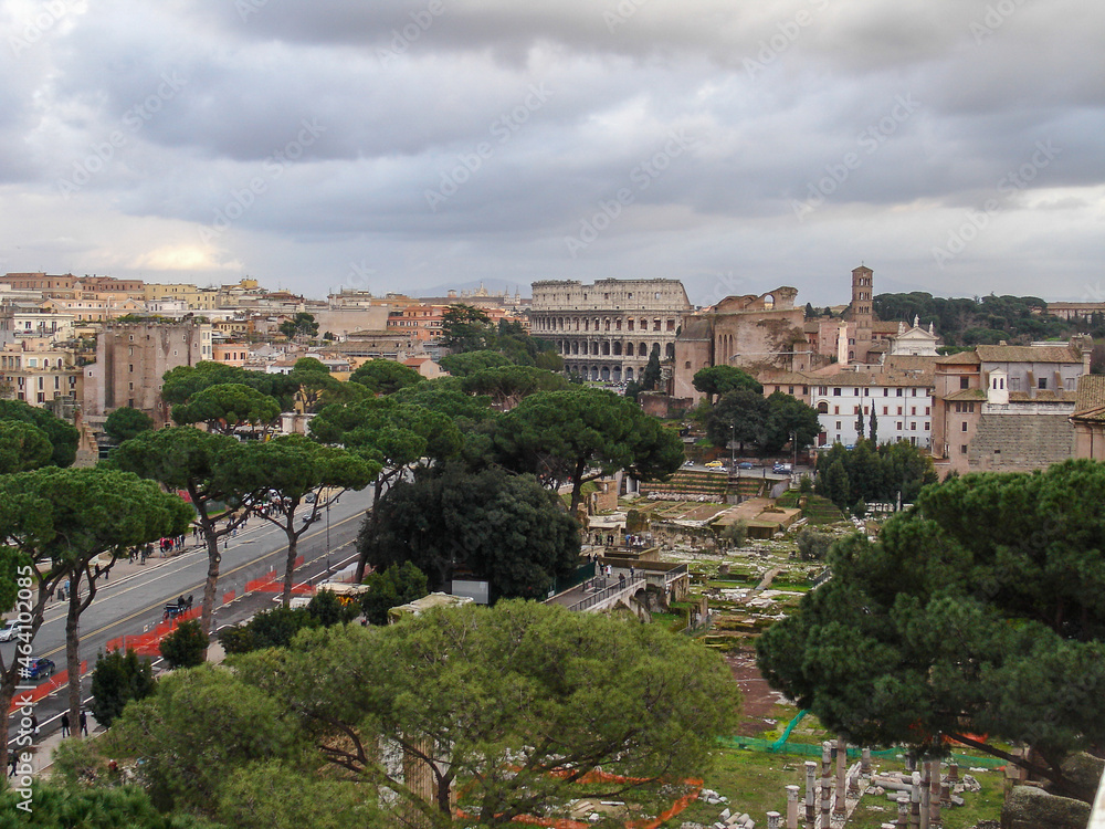 Top view of Roman Forum at Rome with Coliseum in the background