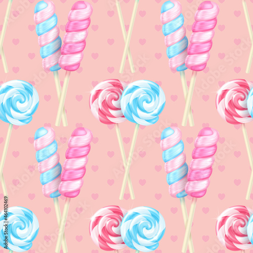 Vector realistic striped swirl lollipops seamless pattern. Three-dimensional swirl colorful glossy candies on sticks on a pink background with hearts
