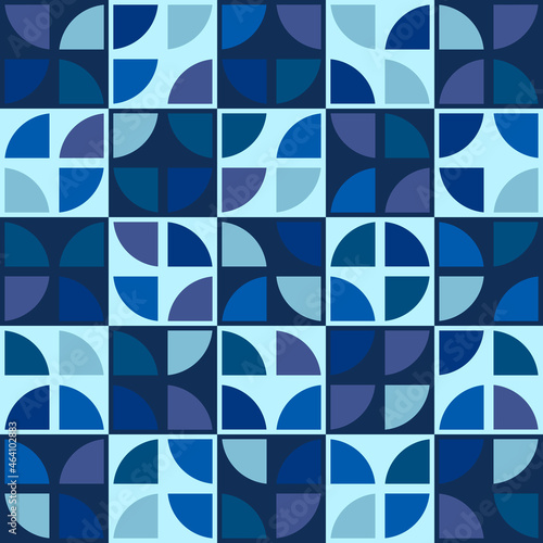 Blue quarters of a circle on the pharyngeal surface. Vector abstract pattern of tiles with rounded shapes in blue.