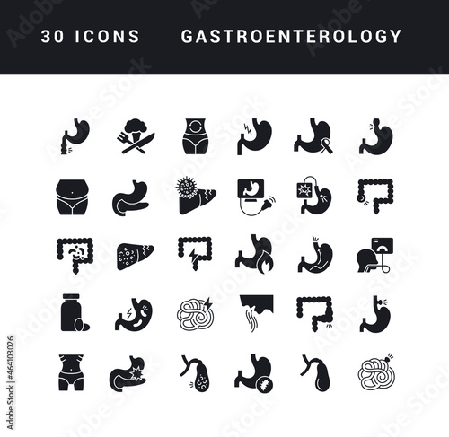 Gastroenterology. Collection of perfectly simple monochrome icons for web design, app, and the most modern projects. Universal pack of classical signs for category Medicine.