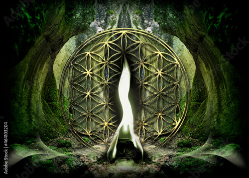 Photography Poster, Wallpower with Flower Of Life and Green Flame of Archangel Raphael in beautiful mystical forest landscape