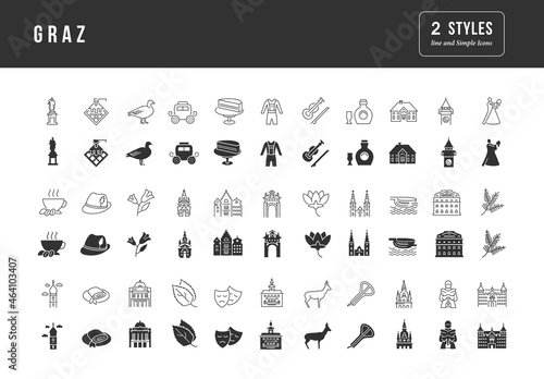 Graz. Collection of perfectly simple monochrome icons for web design, app, and the most modern projects. Universal pack of classical signs for category Cities and Countries.