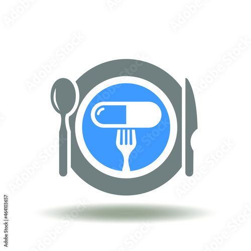 Vector illustration of dish plate with spoon, fork and pill capsule. Icon of supplements. Symbol of excessive medication.