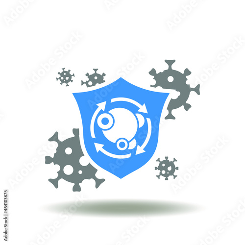 Vector illustration of shield with metabolism hormone molecule process and viruses. Symbol of metabolism and immune system. Icon of immunity - human health defense.