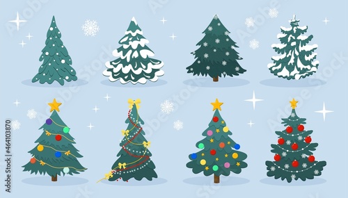 Christmas tree collection. Modern Xmas flat design vector illustration. New year pines decorated with snow, garland, candle, bow, ornaments. Cartoon Christmas tree set for greeting card, banner, web