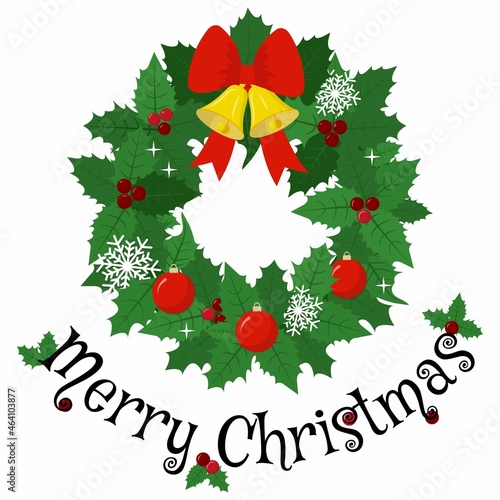 Merry Christmas greeting card with green wreath, jingle bells and snowflakes.Flat style Xmas wreath with red berries and green leaves. Christmas and Happy New Year Vector illustration