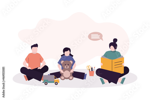Happy nanny reading book for children. Cartoon mother sitting with son and daughter and read story. Female character taking care of little kids