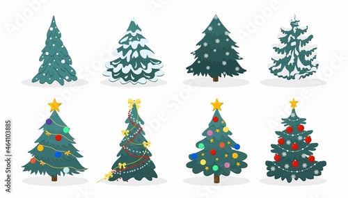 Decorated Christmas tree set isolated on white background. Cartoon New Year symbol vector illustration. Flat style Xmas pines icon with ornaments for greeting card, banner, invitation, web, print etc.
