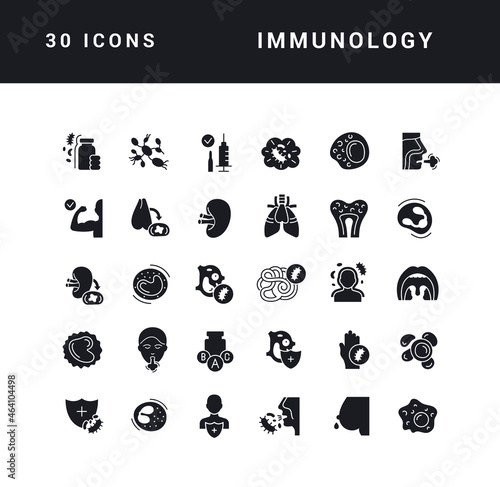 Immunology. Collection of perfectly simple monochrome icons for web design, app, and the most modern projects. Universal pack of classical signs for category Medicine.