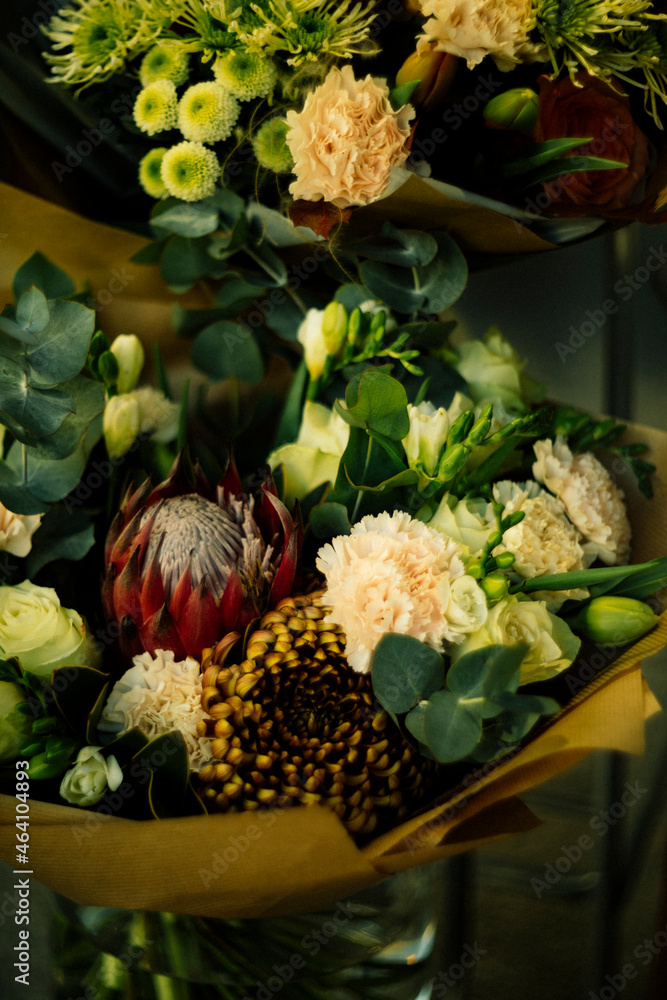 bouquet with protea and white flowers