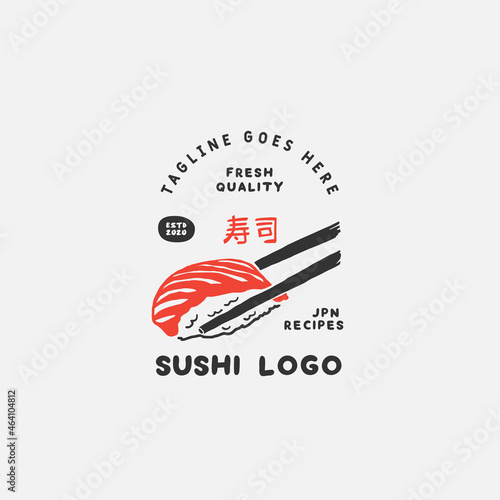 Sushi logo template. Japanese traditional cuisine, tasty food icon. japanese text translation "sushi". asian sushi bar vector logo.
