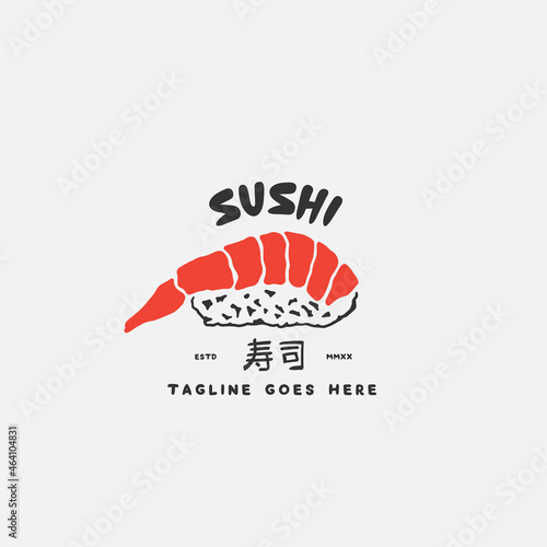 Sushi logo template. Japanese traditional cuisine, tasty food icon. japanese text translation "sushi". asian sushi bar vector logo.