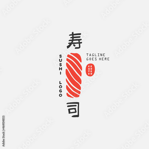 Sushi logo template. Japanese traditional cuisine, tasty food icon. japanese text translation "sushi". asian sushi bar vector logo.