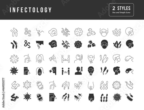 Infectology. Collection of perfectly simple monochrome icons for web design, app, and the most modern projects. Universal pack of classical signs for category Medicine.
