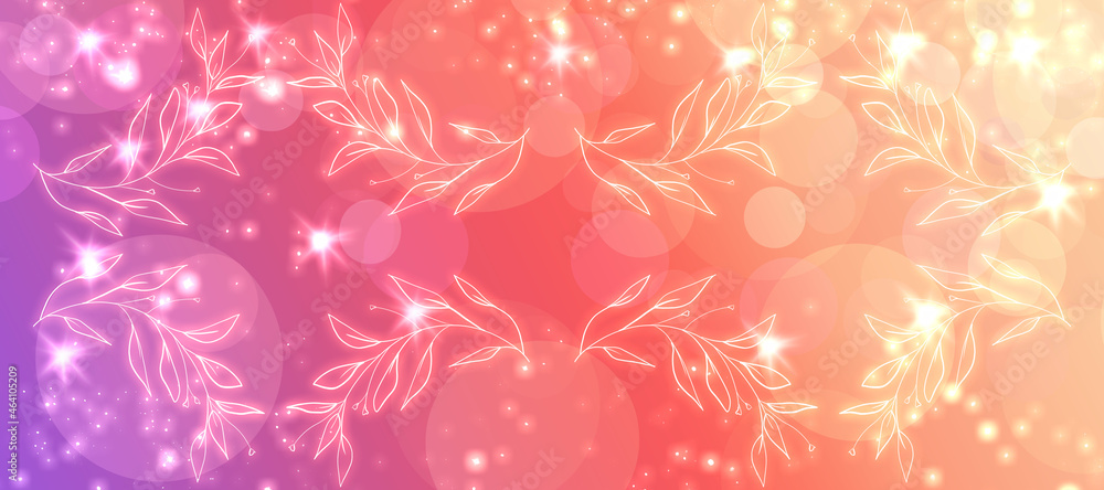 Glowing flower tendrils on an artistic gradient background and bokeh circles. Small stars twinkle very insively. Background with effects and lots of shining stars.