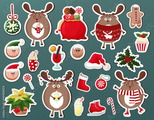 Christmas stickers collection. Cute Christmas deer eating candy cane. Santa deers stickers  Santa sock  mistletoe  eggnog  gingerbread cookies  cupcake. Funny cartoon reindeer red nose  holly.