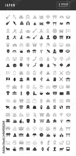 Japan. Collection of perfectly simple monochrome icons for web design, app, and the most modern projects. Universal pack of classical signs for category Countries and Cities. #464106264
