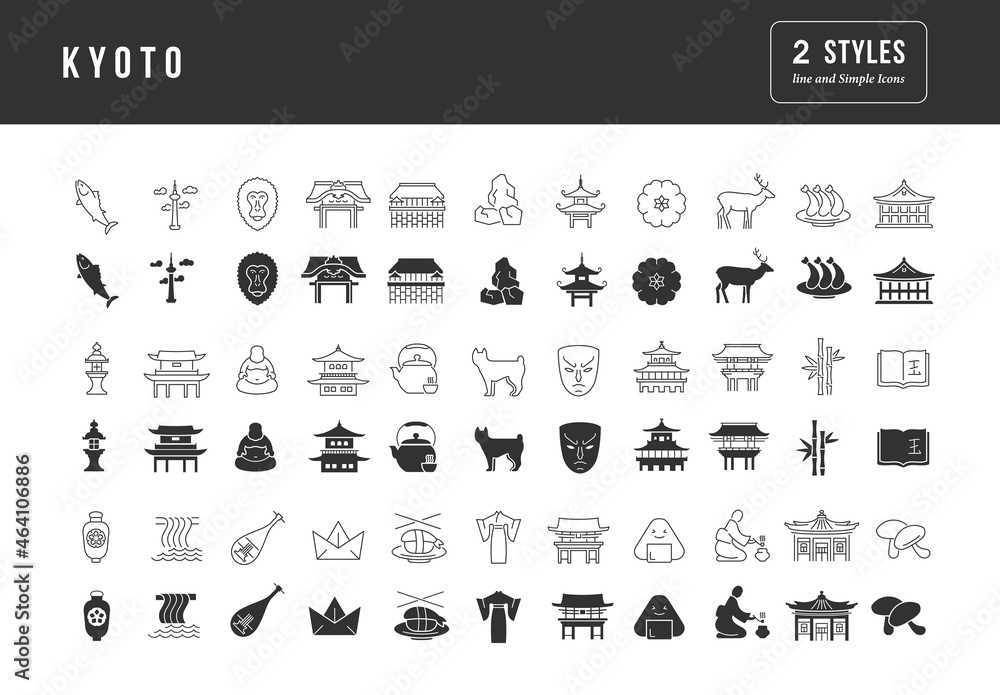 Obraz premium Kyoto. Collection of perfectly simple monochrome icons for web design, app, and the most modern projects. Universal pack of classical signs for category Countries and Cities.
