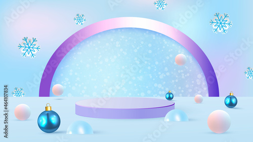 Christmas scene on blue background with podium,drifts, Christmas tree and Christmas balls. Showcase for product presentation. Vector